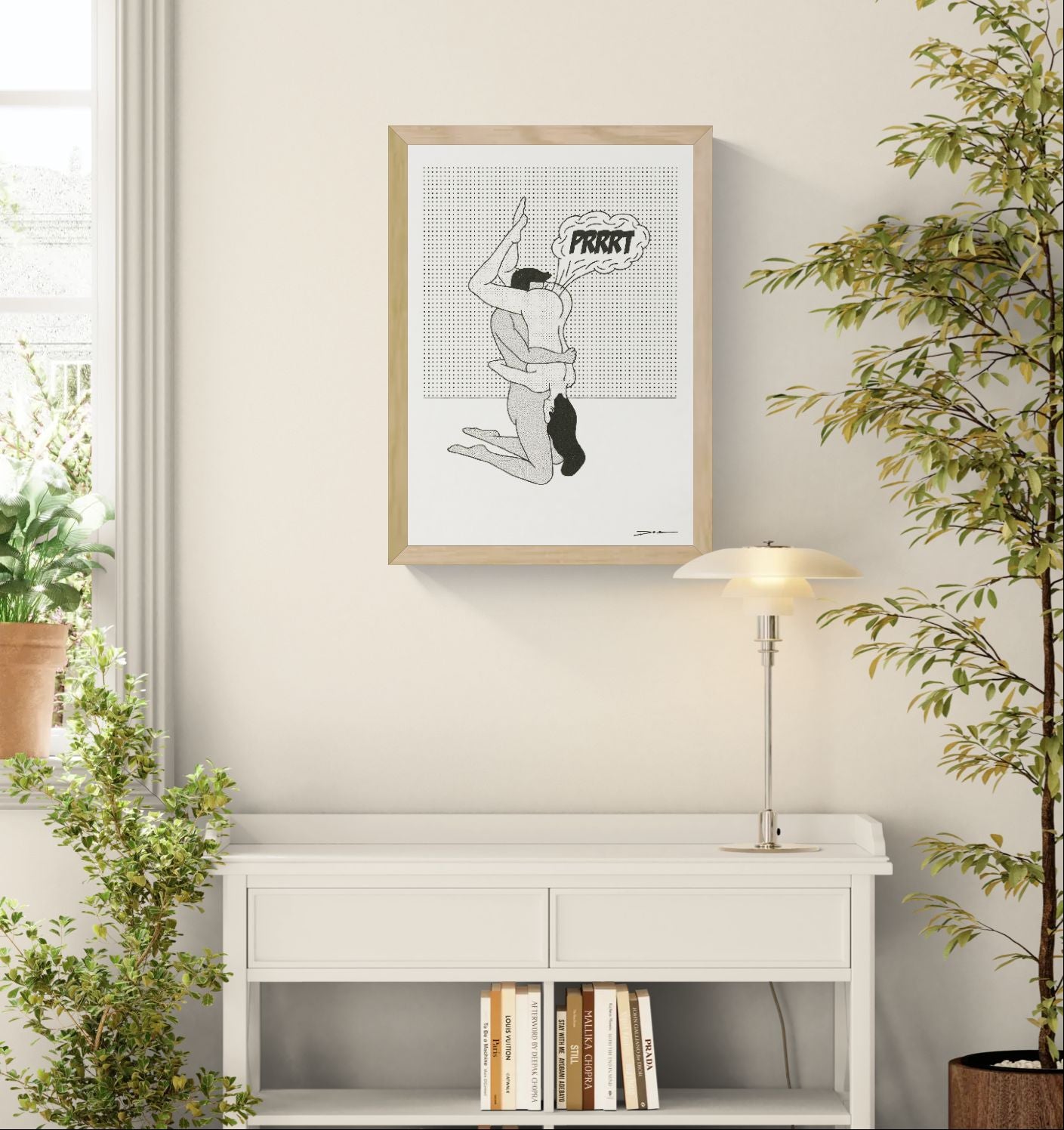 Humorous black and white digital art print featuring two embracing nude figures with a comic speech bubble, minimalist graphic style, bold linework and halftone textures, vertical composition for modern home decor and contemporary wall art.