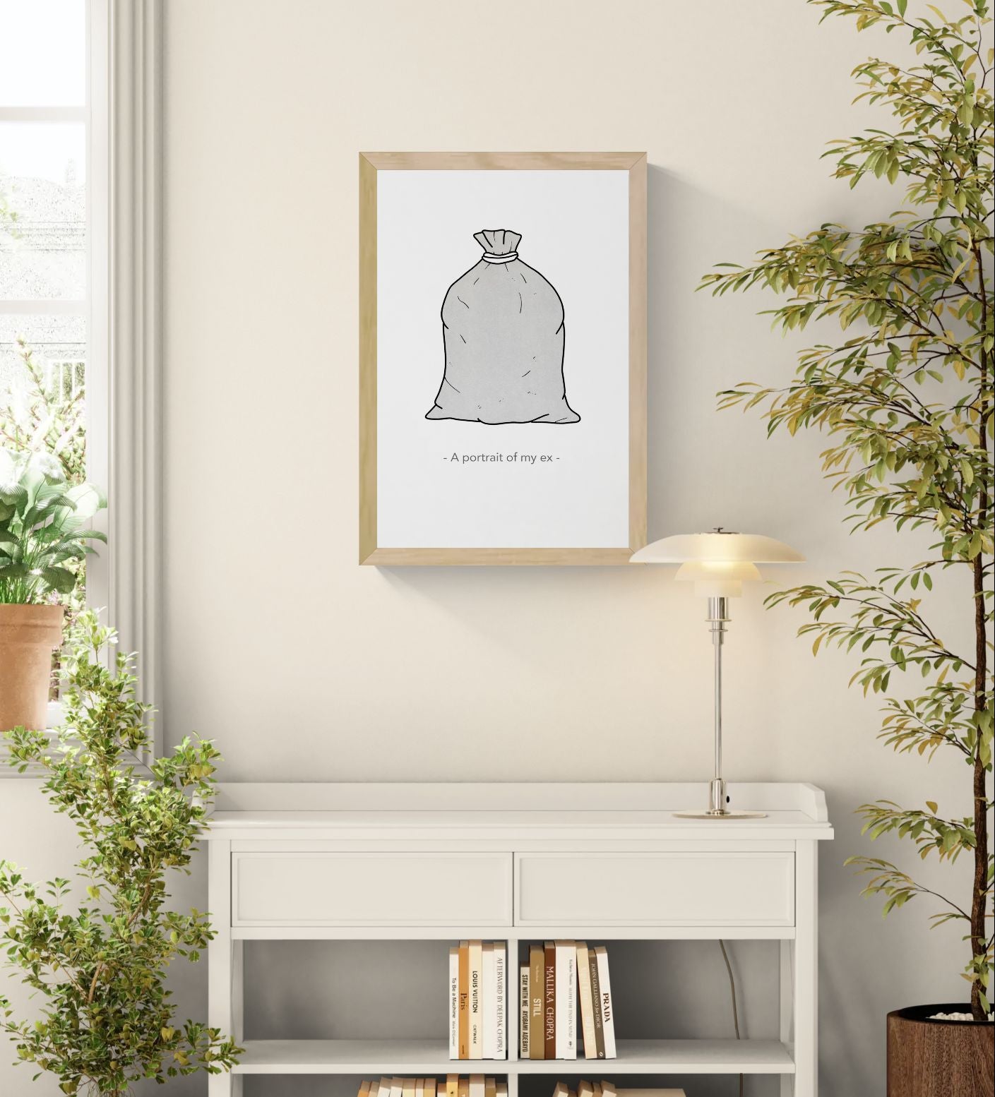 Minimalist risograph art print featuring a tied sack labeled "A Portrait of My Ex", black line illustration on a light background with humorous sarcastic tone, vertical A3 wall art for modern interiors and gift giving.