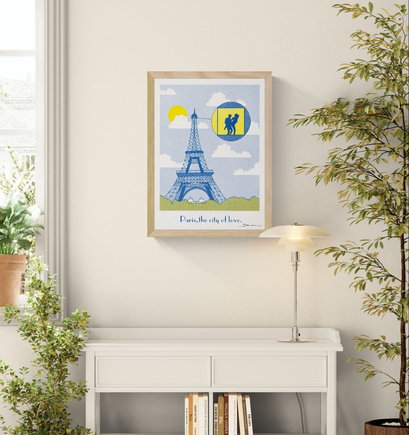 Risograph art print featuring the Eiffel Tower in Paris with a playful romantic scene highlighted inside a viewing circle, printed in blue and yellow tones on textured paper. Humorous contemporary wall art for living rooms, bedrooms, and modern interiors.