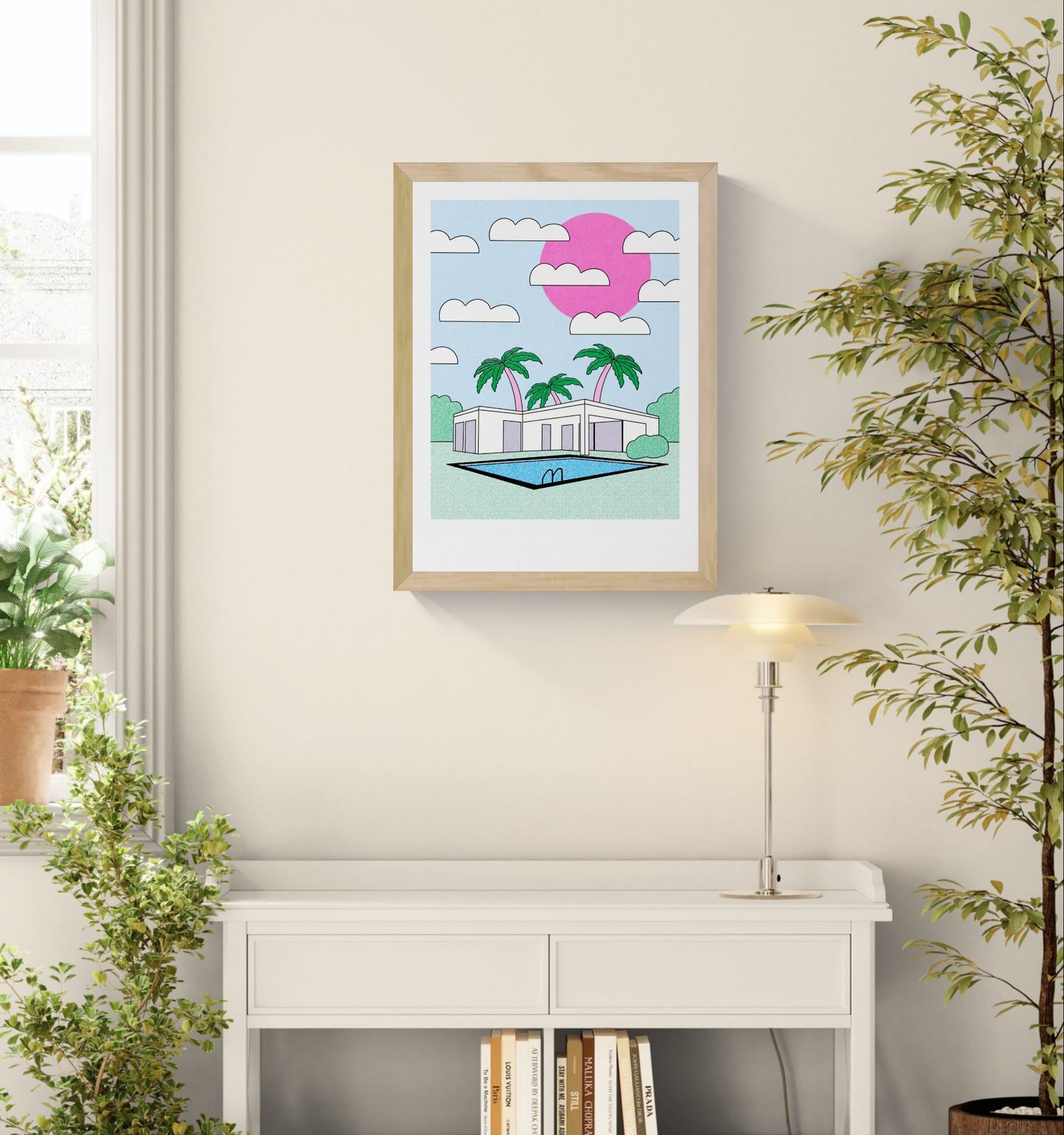Palm Springs risograph art print by Studio Stoutpoep featuring a modernist villa, swimming pool, pink sun, and palm trees in pastel colors. Retro-inspired A3 wall art with playful mid-century holiday vibes, ideal for living rooms, offices, and contemporary interiors.