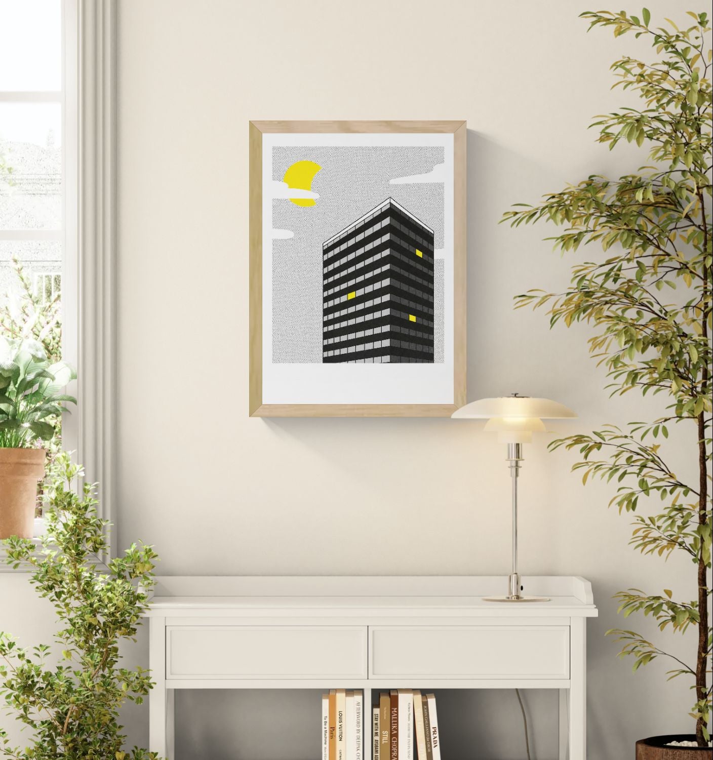 Night View by Studio Stoutpoep featuring a modern black high-rise building with illuminated yellow windows beneath a bright moon, created as a risograph print with graphic architecture, monochrome tones, and contemporary urban wall art appeal.