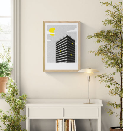 Night View by Studio Stoutpoep featuring a modern black high-rise building with illuminated yellow windows beneath a bright moon, created as a risograph print with graphic architecture, monochrome tones, and contemporary urban wall art appeal.
