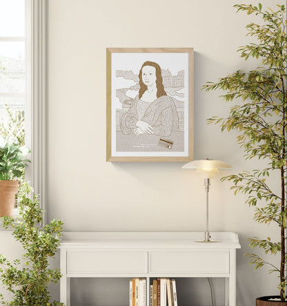 Mona Visa by Studio Stoutpoep, humorous Mona Lisa inspired risograph print in warm golden tones, featuring a credit card and minimalist landscape background. Vertical contemporary wall art for modern home decor, office spaces, and design-focused interiors.