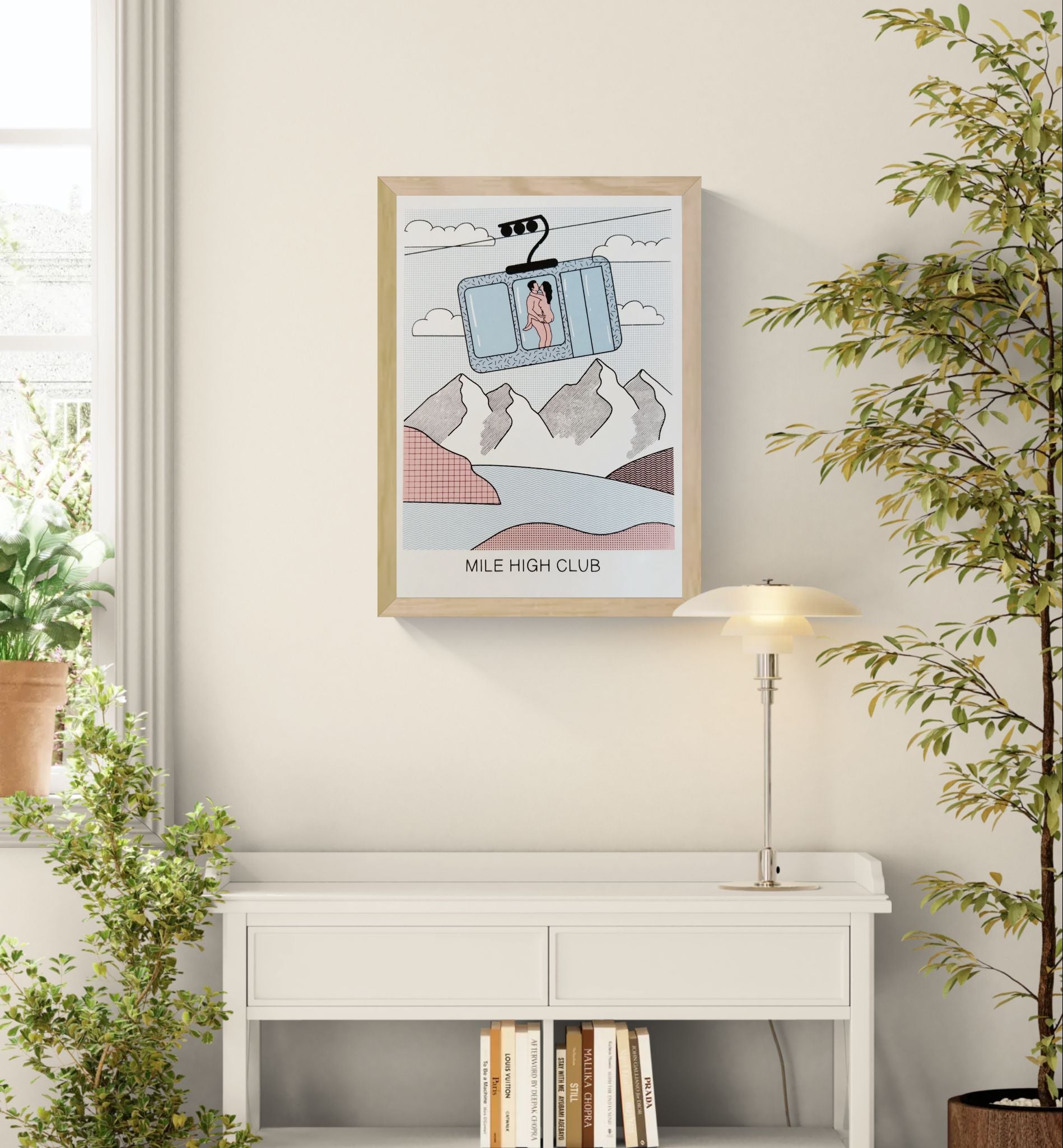 Screenprint artwork titled “Mile High Club” by Studio Stoutpoep showing a naked couple embracing inside a ski gondola with mountain views in the background. A3 size, made in Belgium, humorous and erotic pop art style.