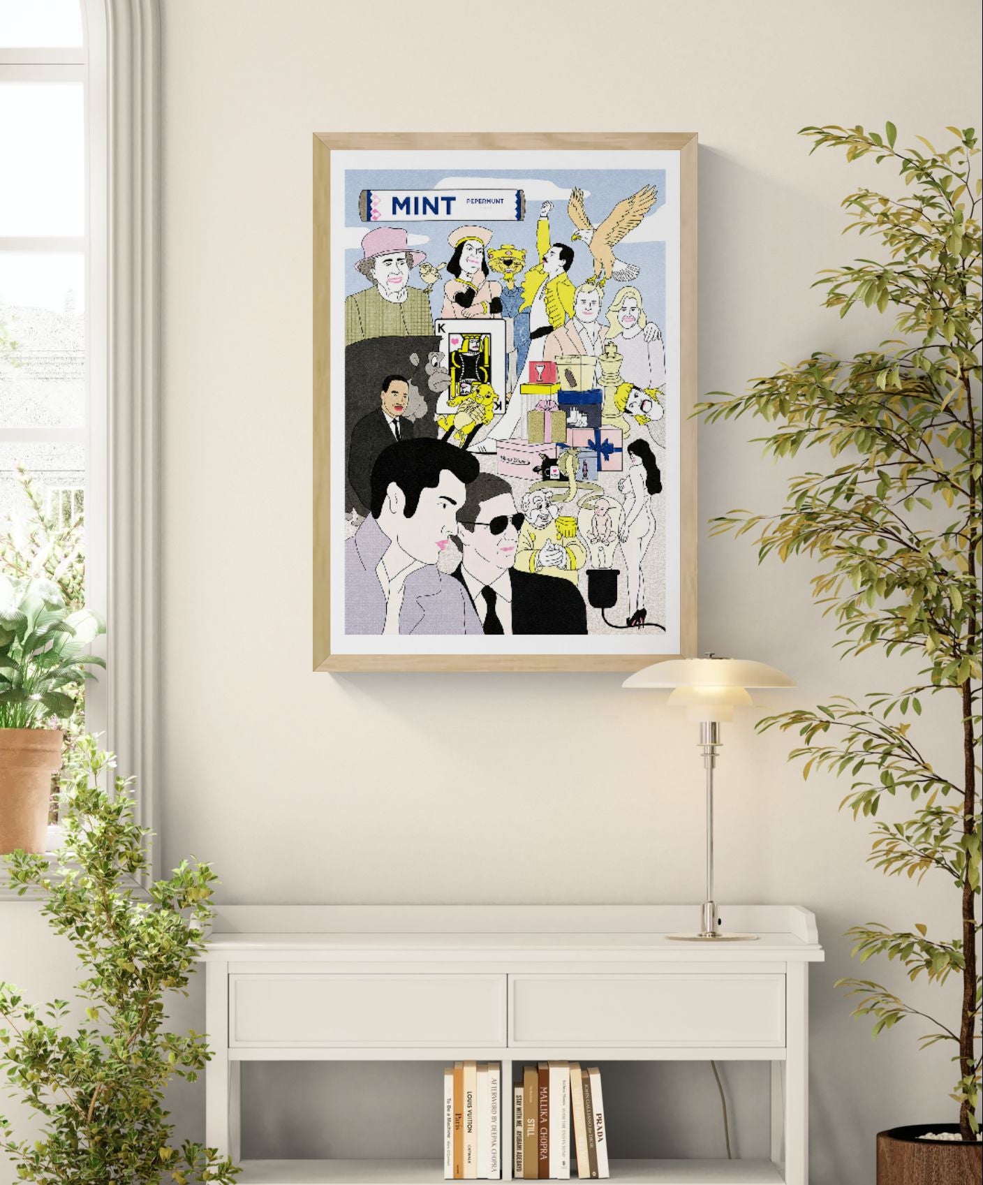 Colorful risograph art print featuring a surreal collage of pop culture icons and absurd characters, titled “Kings” by Studio Stoutpoep – A2 print made in Belgium.