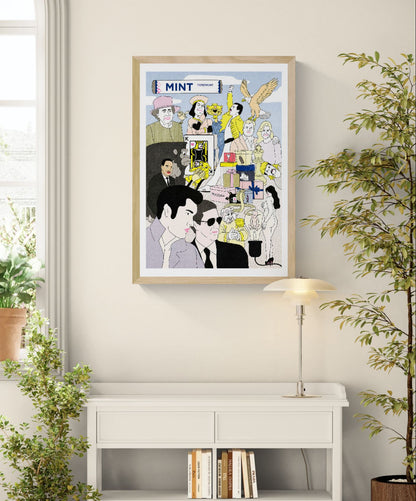 Colorful risograph art print featuring a surreal collage of pop culture icons and absurd characters, titled “Kings” by Studio Stoutpoep – A2 print made in Belgium.