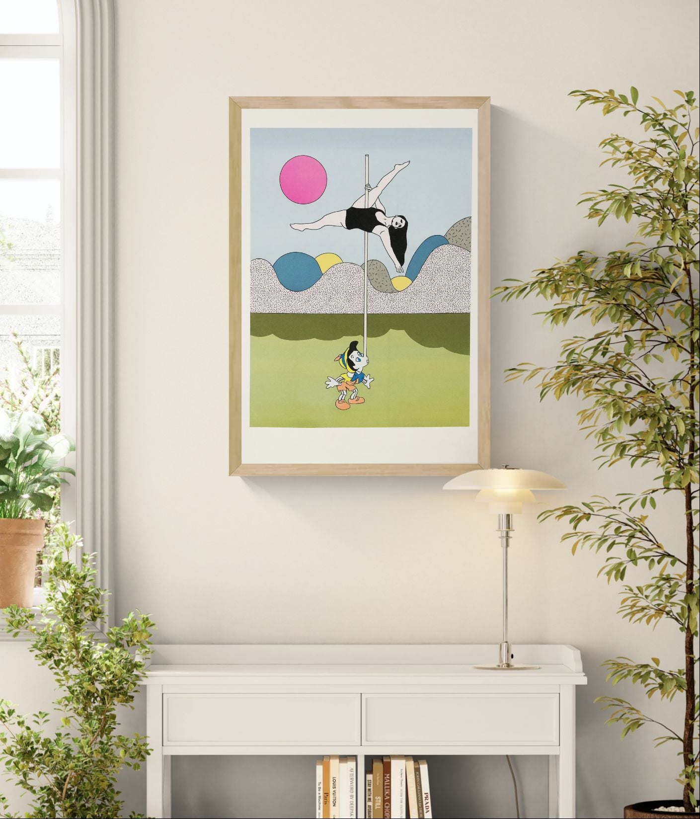 Limited-edition risograph print featuring a pole dancer balanced above a surprised Pinocchio character, created in Studio Stoutpoep's playful satirical style. Soft pastel colors, geometric landscape forms, and bold graphic composition for contemporary wall decor.