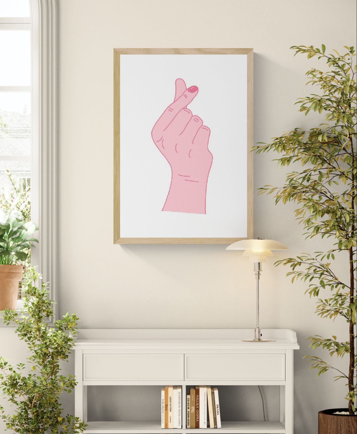 Screenprint artwork titled “Heart” by Studio Stoutpoep showing a pink hand making a Korean-style finger heart gesture on a white background. Minimalist A2 art print made in Belgium, ideal for modern interiors and pop art lovers.