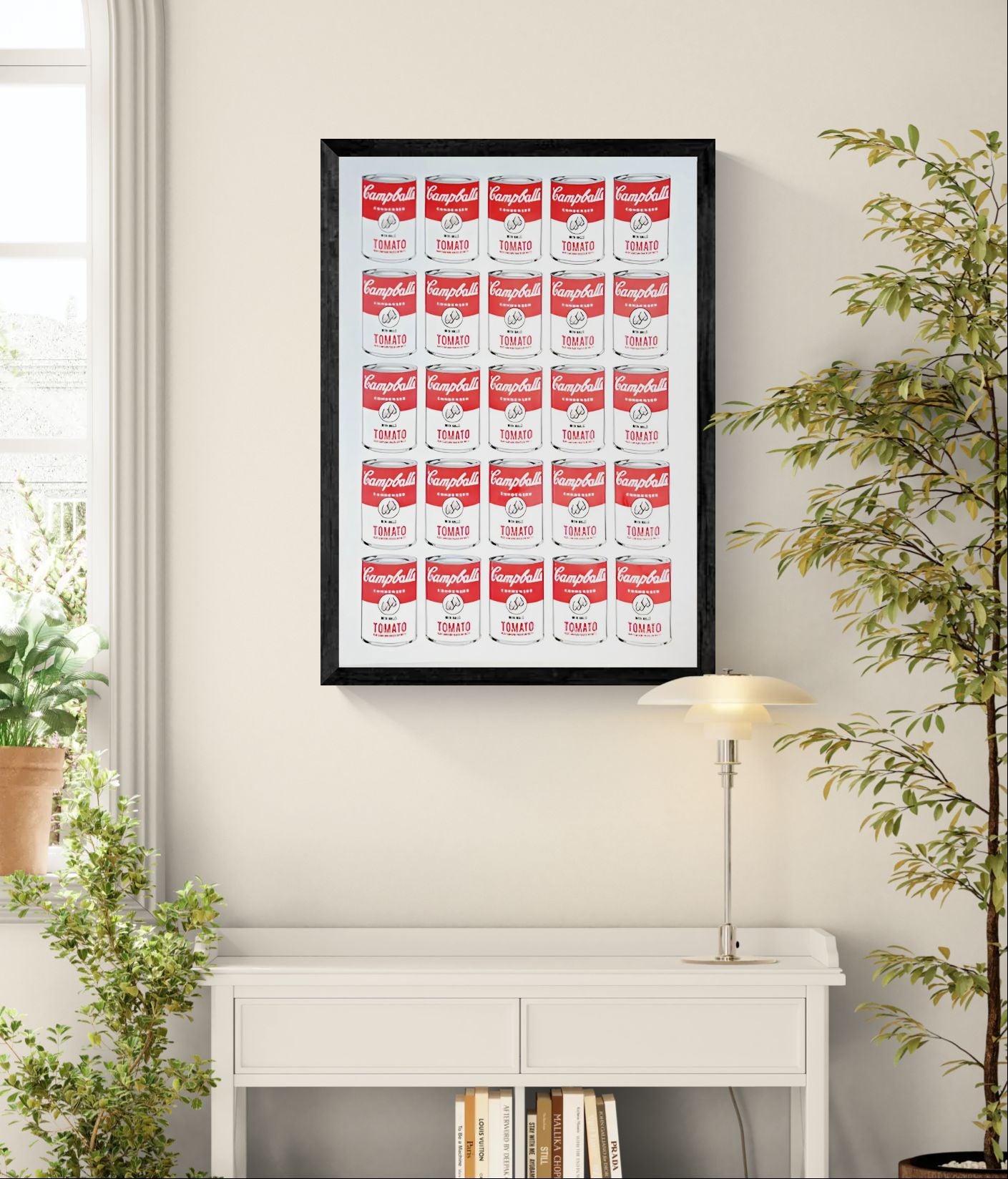 Campballs Andy's Version by Studio Stoutpoep – risograph A2 art print featuring a grid of humorous soup cans parodying Warhol’s Campbell’s series. Red and white tomato cans labeled "with balls" and “may contain traces of nuts.” Printed in Belgium with soy-based inks.
