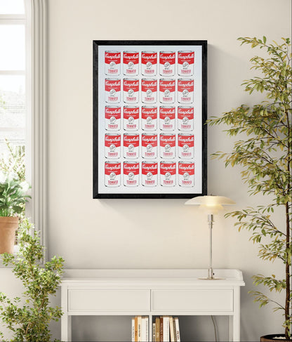 Campballs Andy's Version by Studio Stoutpoep – risograph A2 art print featuring a grid of humorous soup cans parodying Warhol’s Campbell’s series. Red and white tomato cans labeled "with balls" and “may contain traces of nuts.” Printed in Belgium with soy-based inks.