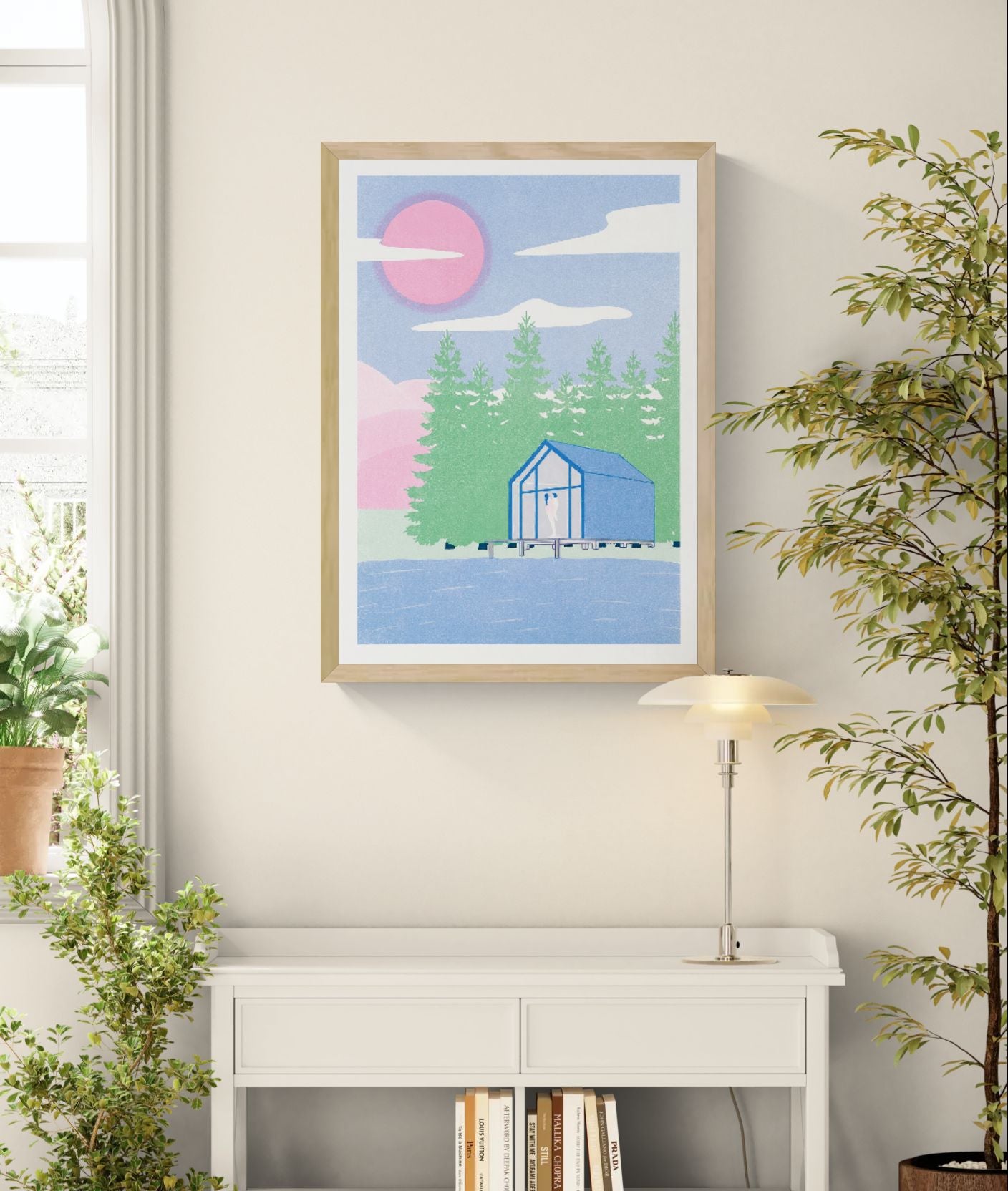 Pavilion art print by Studio Stoutpoep – A2 risograph print featuring a modern lakeside cabin in a forest, with two nude silhouettes embracing inside. Dreamy pink sky, blue water, green trees. Contemporary humorous artwork printed in Belgium.