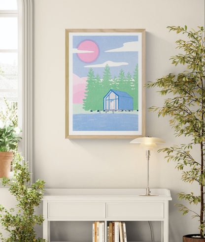 Pavilion art print by Studio Stoutpoep – A2 risograph print featuring a modern lakeside cabin in a forest, with two nude silhouettes embracing inside. Dreamy pink sky, blue water, green trees. Contemporary humorous artwork printed in Belgium.