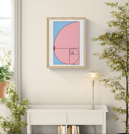 Minimalist digital art print featuring the golden ratio spiral transformed into a playful nude illustration in soft pink and blue tones. Contemporary geometric wall art in portrait orientation for modern home decor.