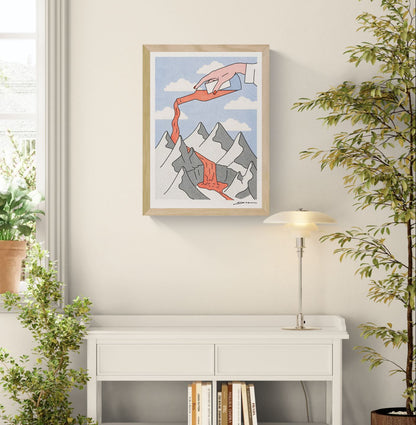 Surreal risograph art print showing a giant hand pouring red wine over snowy mountains, creating a flowing wine river beneath a blue sky with clouds. Contemporary minimalist illustration in portrait format, ideal for kitchens, dining rooms, wine bars, and modern interiors.