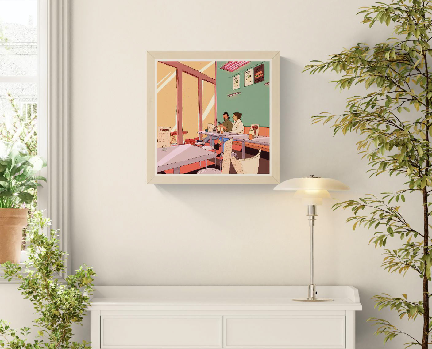 couple eating noodles in cozy restaurant interior illustration modern food lifestyle wall art kitchen dining room decor print