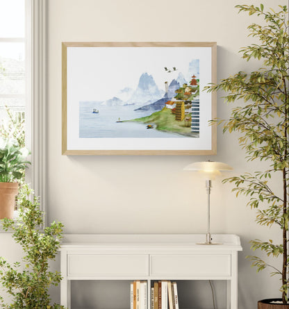 Dreamlike landscape illustration by Rosalien Helsen featuring a quiet lakeside village, misty blue mountains, boats, and flying birds. Acrylic painting combined with digital collage in landscape format, ideal for peaceful contemporary home decor.