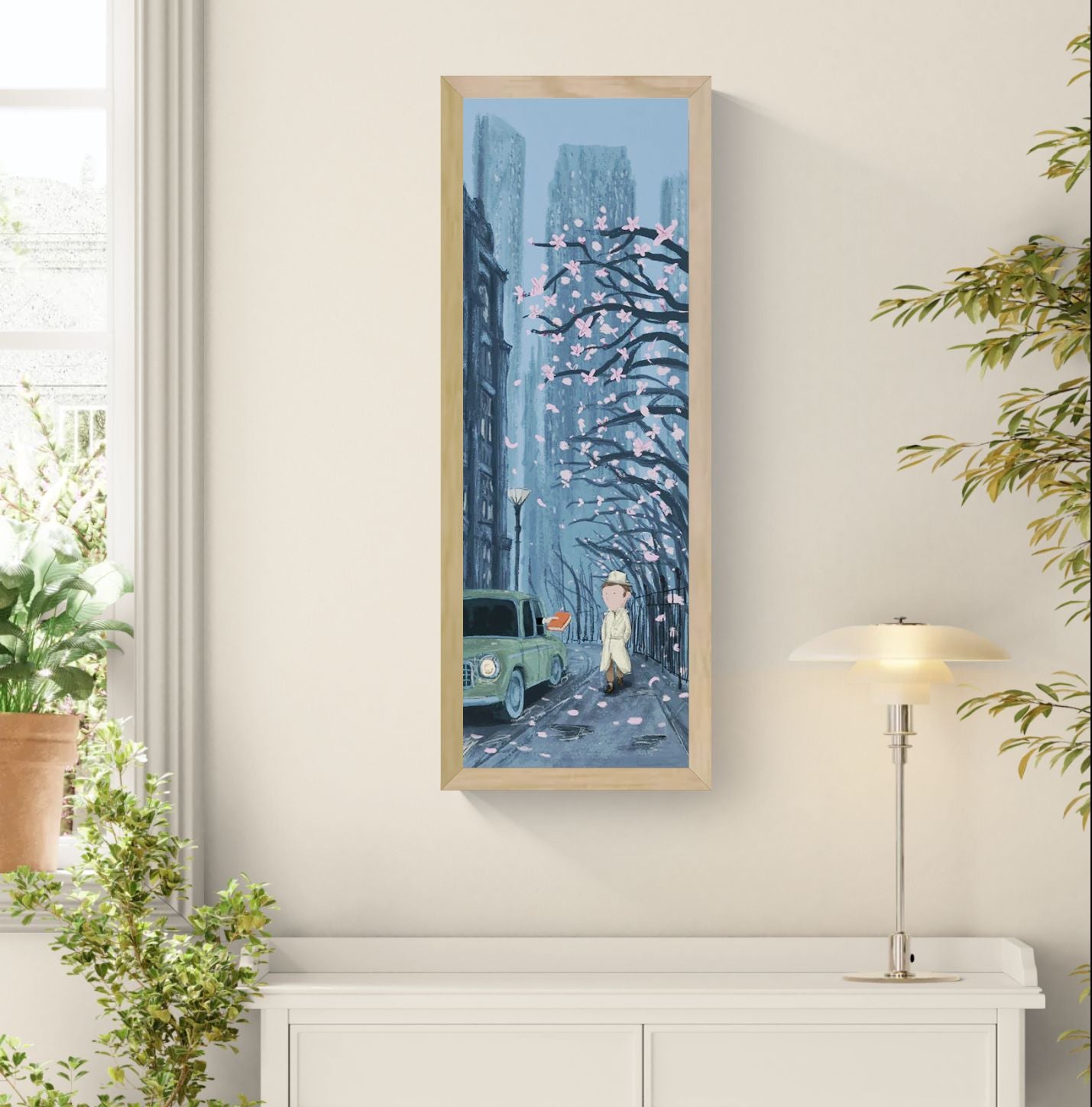 Mystery giclée art print by Willy Leung in vertical format depicting a quiet city street scene with subtle tension and storytelling atmosphere, printed on fine art paper.