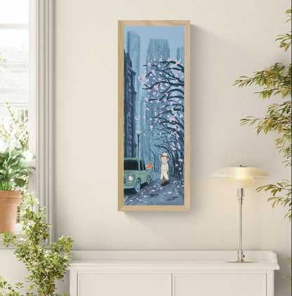 Mystery giclée art print by Willy Leung in vertical format depicting a quiet city street scene with subtle tension and storytelling atmosphere, printed on fine art paper.
