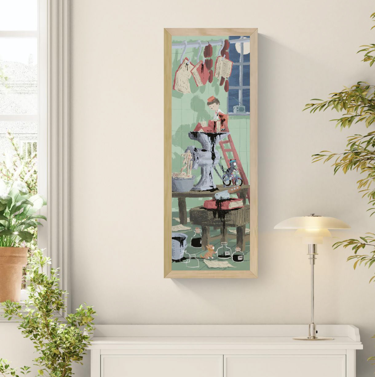 Horror giclée art print by Willy Leung in vertical format depicting a surreal domestic scene with subtle dark humor, printed on fine art paper.