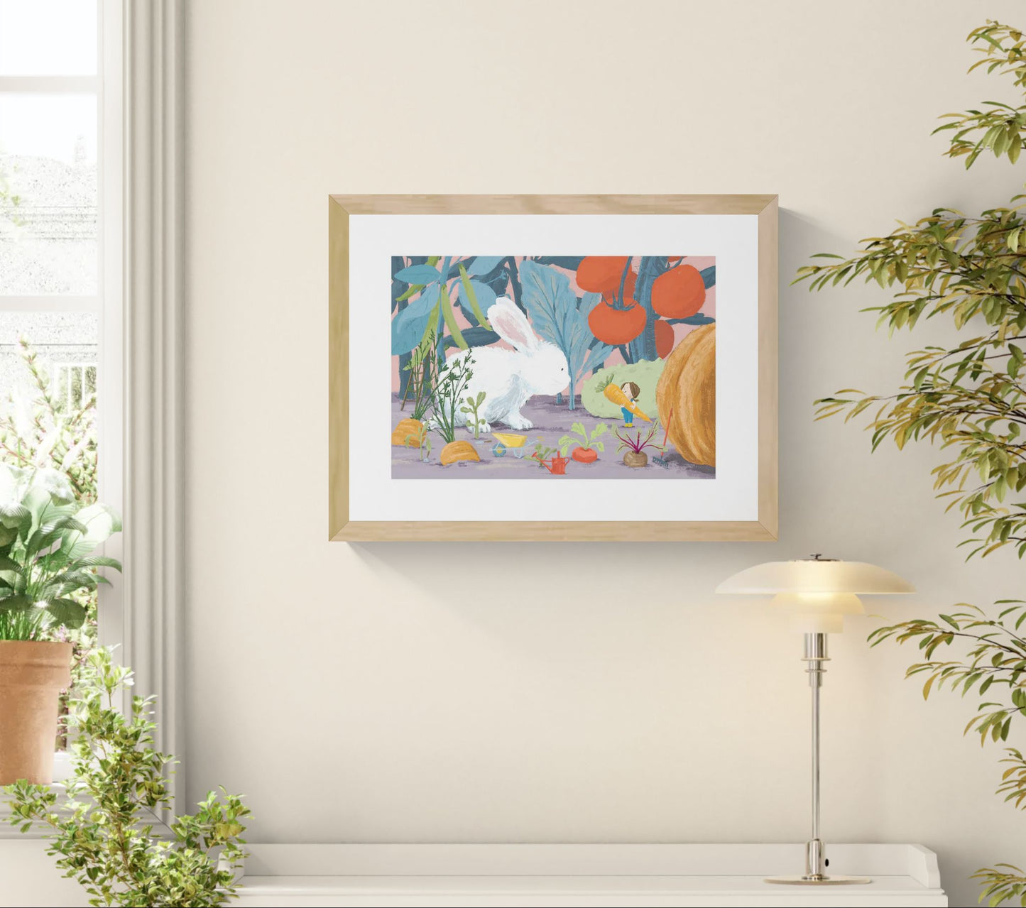 "Year of the Rabbit" art print by Willy Leung featuring a giant white rabbit and a tiny girl harvesting vegetables in a whimsical garden. Giclée printed on Hahnemühle paper.