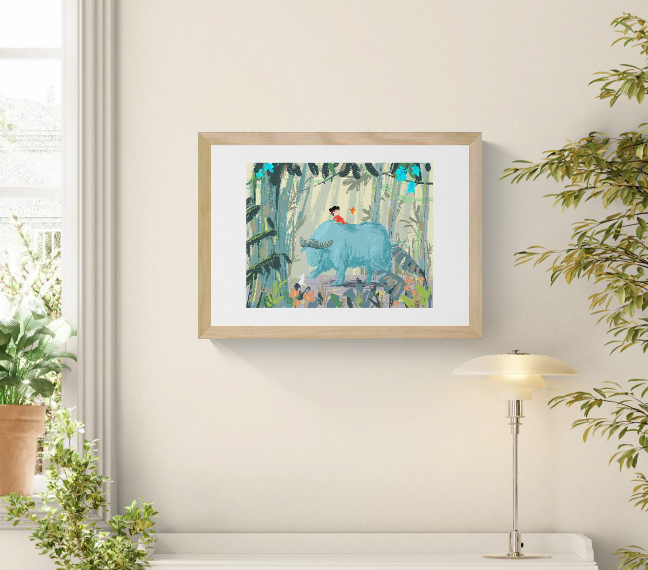 Year of the Ox by Willy Leung featuring a child riding a gentle blue ox through a lush forest in a whimsical storybook style. Soft green and blue tones, giclée print, landscape format, perfect for nursery and home decor.