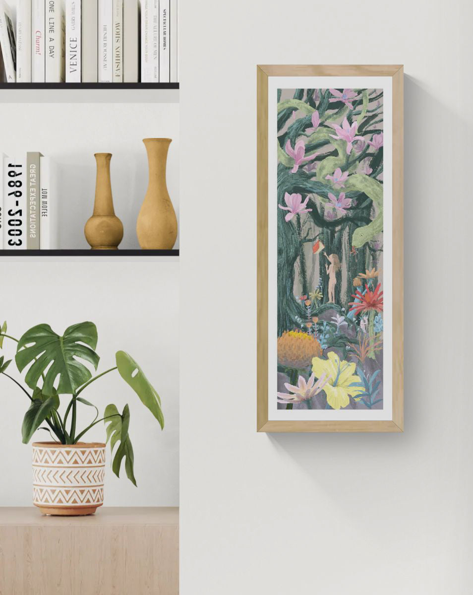 Religion giclée art print by Willy Leung in vertical format showing a symbolic forest scene with flowers, a snake, and a human figure, printed on fine art paper.