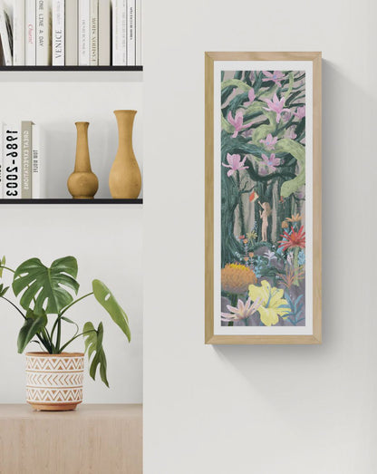 Religion giclée art print by Willy Leung in vertical format showing a symbolic forest scene with flowers, a snake, and a human figure, printed on fine art paper.