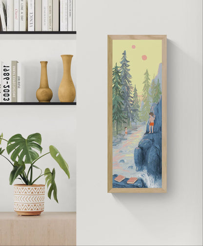 Magic Realism giclée art print by Willy Leung in vertical format showing a forest river scene with children and a dreamlike atmosphere, printed on fine art paper.