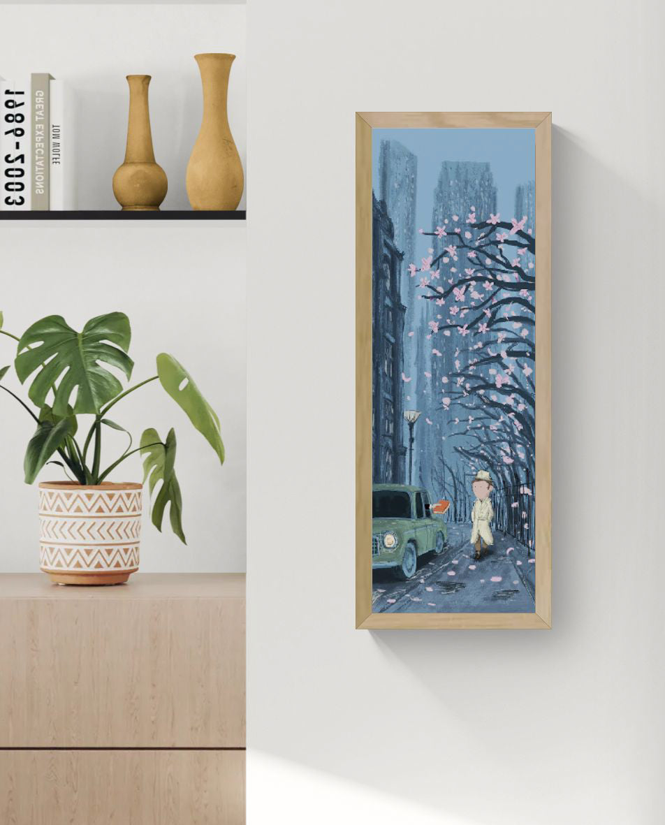 Mystery giclée art print by Willy Leung in vertical format depicting a quiet city street scene with subtle tension and storytelling atmosphere, printed on fine art paper.