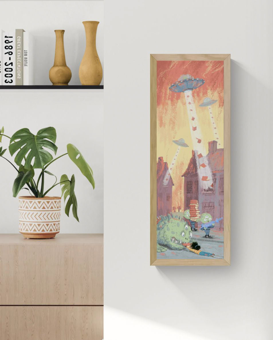 Science Fiction giclée art print by Willy Leung showing an alien invasion where UFOs abduct stacks of books from a surreal town, vertical narrative illustration on fine art paper.