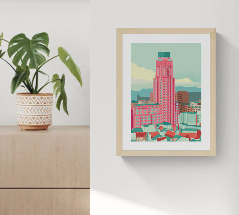 Boerentoren Antwerp illustration by Studio Frits – colorful modern art print of the iconic Art Deco skyscraper in Antwerp, Belgium, architectural wall art in pastel tones, perfect for urban design lovers, available at Galerie Frits