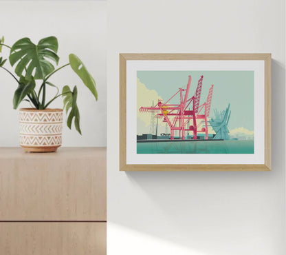 Striking graphic illustration by Studio Frits titled 'Antwerp Port,' featuring a bold composition of industrial cranes in vivid red and soft teal tones, set against a calm harbor with a pastel sky. This modern, stylized view of Belgium’s iconic port captures the scale, structure, and rhythm of maritime industry—ideal for contemporary interiors and urban art collectors
