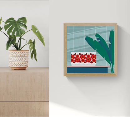 Stylish modern illustration by Studio Frits titled 'Arcopal Lotus Bowl,' featuring a vintage Arcopal dish with its iconic red floral pattern placed on a pastel pink shelf against a tiled retro kitchen wall. Accented with bold tropical leaves, this vibrant artwork blends nostalgia with contemporary minimalism—perfect for vintage lovers, kitchen art collectors, and fans of mid-century design
