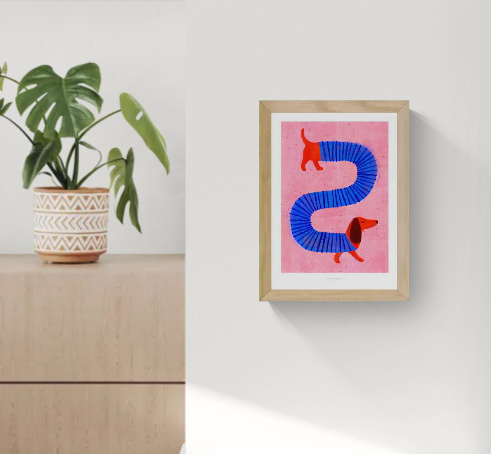 Funny Dog dachshund art print A4, colorful sausage dog illustration by Just Cool Design, playful modern dog wall art for kids room and design interiors.
