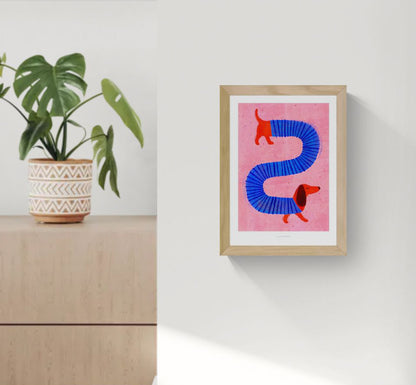 Funny Dog dachshund art print A4, colorful sausage dog illustration by Just Cool Design, playful modern dog wall art for kids room and design interiors.