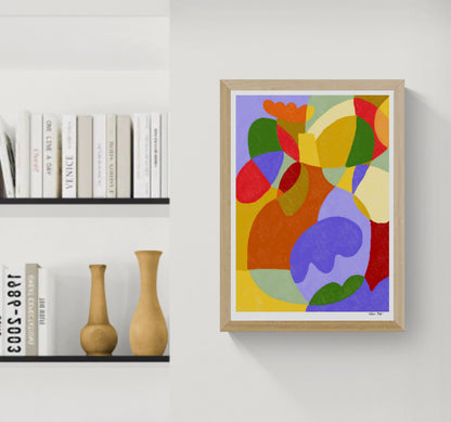 Abstract art print titled Lavender Autumn by Portuguese illustrator Teresa Rego, featuring bold, colorful organic shapes in red, lavender, yellow, and green – A3 print on 300g Munken paper.