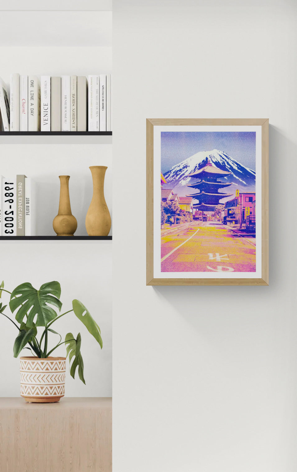 Neon Japanese risograph print of Gokoyama road with Mount Fuji, colorful Tokyo-style collage art by PTRVRKD, modern Japanese wall art poster