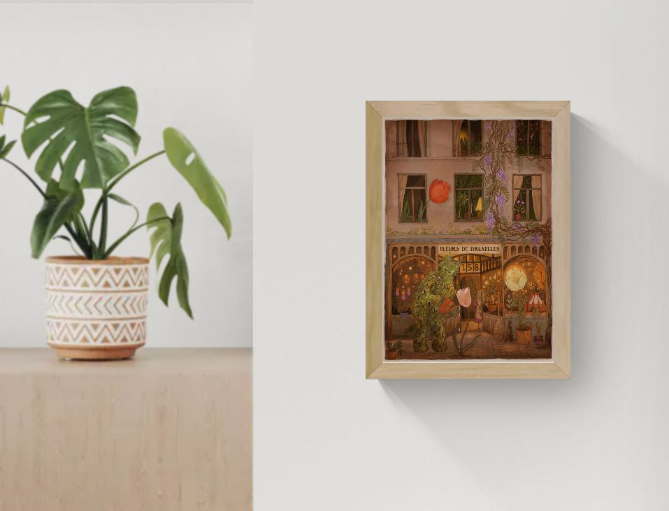 Whimsical Green Man in Brussels illustration by Lena Yampolski featuring a flower shop, oversized tulips, glowing windows, and climbing wisteria in warm earthy tones, vertical giclée art print ideal for living room, hallway, or reading nook decor.