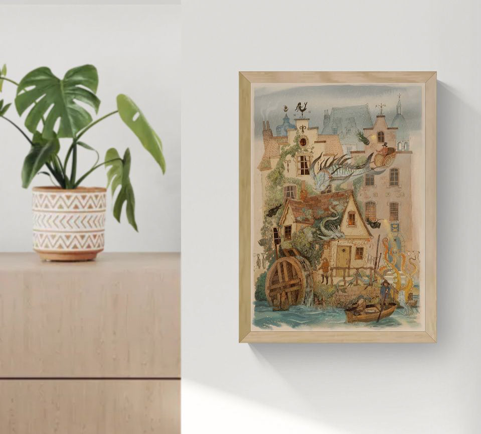 Fantasy-style illustration of Bruges by Lena Yampolski with magical creatures, dragons, octopus tentacles and charming Belgian houses – high-quality Giclée print available in A4 and A3, perfect wall decor for folklore and fantasy art lovers.