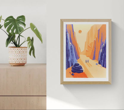 Illustration of Charyn Canyon by Linde Raats featuring two hikers walking through a vast, sunlit desert canyon surrounded by towering orange and purple cliffs. Minimalist landscape art print inspired by natural wonders, perfect for travel lovers, adventure-themed interiors, and contemporary wall decor—available at Galerie Frits