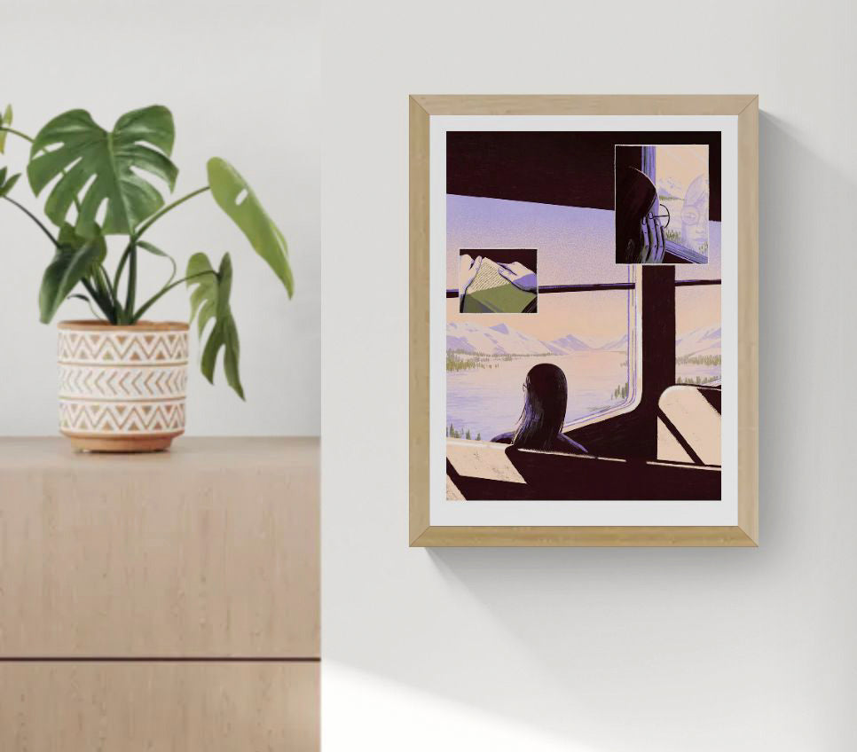 Giclée art print by Belgian illustrator Linde Raats showing a woman on a train gazing out at snowy Arctic mountains, with warm pastel hues and atmospheric light – 30x40 cm fine art print perfect for winter lovers and dreamy interiors