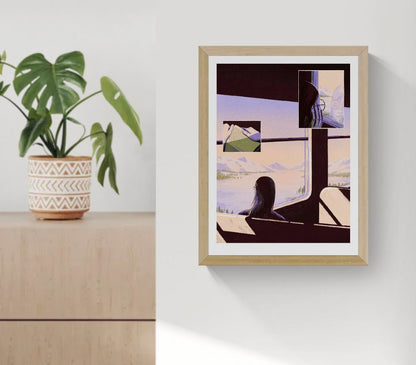 Giclée art print by Belgian illustrator Linde Raats showing a woman on a train gazing out at snowy Arctic mountains, with warm pastel hues and atmospheric light – 30x40 cm fine art print perfect for winter lovers and dreamy interiors