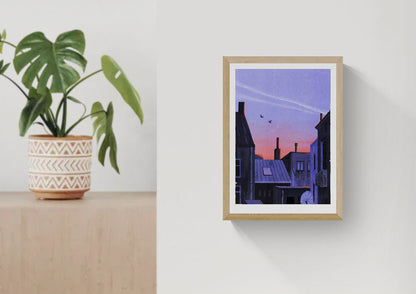 Fine art giclée print titled Ghent by Belgian illustrator Linde Raats, depicting peaceful city rooftops at sunset in shades of purple and orange, minimalist urban landscape wall art inspired by Ghent, Belgium — perfect for home décor and art collectors.
