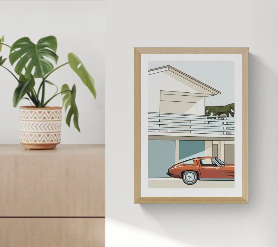Minimalist mid-century modern house illustration with vintage red sports car, Malibu California inspired retro architecture art print by Floor 4 Productions.
