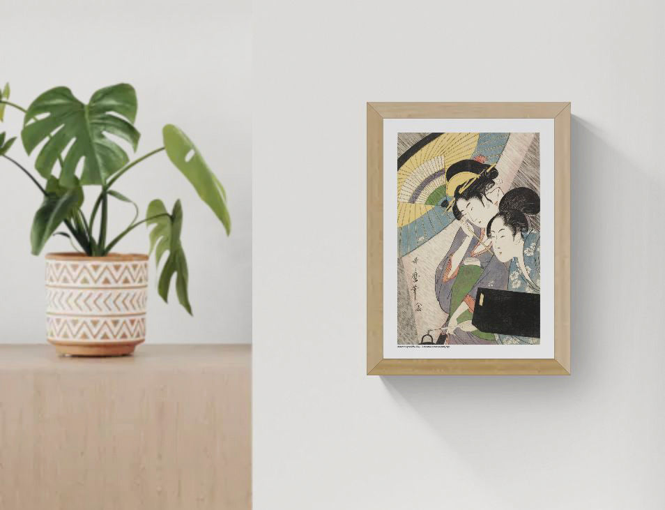 Vertical Japanese ukiyo-e artwork by Kitagawa Utamaro showing a geisha and her attendant beneath layered umbrellas on a rainy night, with muted blue, yellow, green and pink tones, reproduced as an A4 giclée print for elegant wall decor.