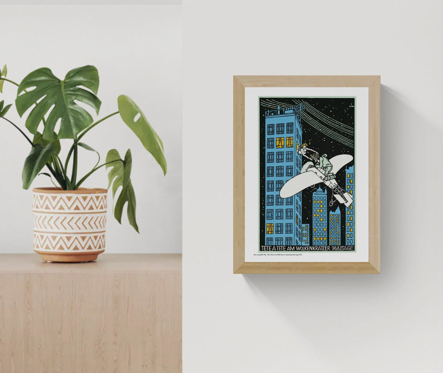 Vertical vintage giclée art print by Moriz Jung showing a man in an aeroplane offering flowers to a woman in a skyscraper, with blue buildings, yellow windows and a black night sky, ideal for playful wall decor.