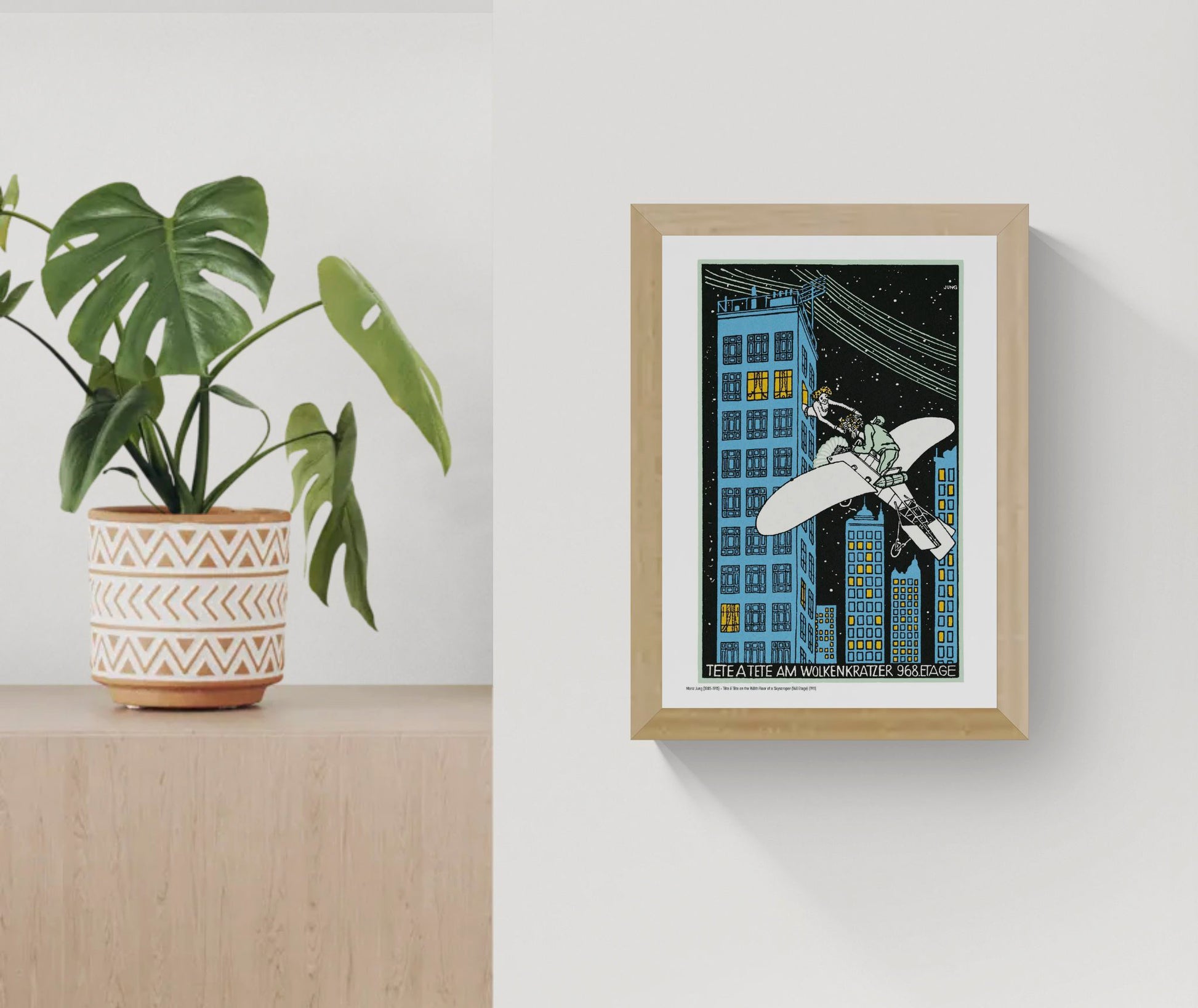 Vertical vintage giclée art print by Moriz Jung showing a man in an aeroplane offering flowers to a woman in a skyscraper, with blue buildings, yellow windows and a black night sky, ideal for playful wall decor.