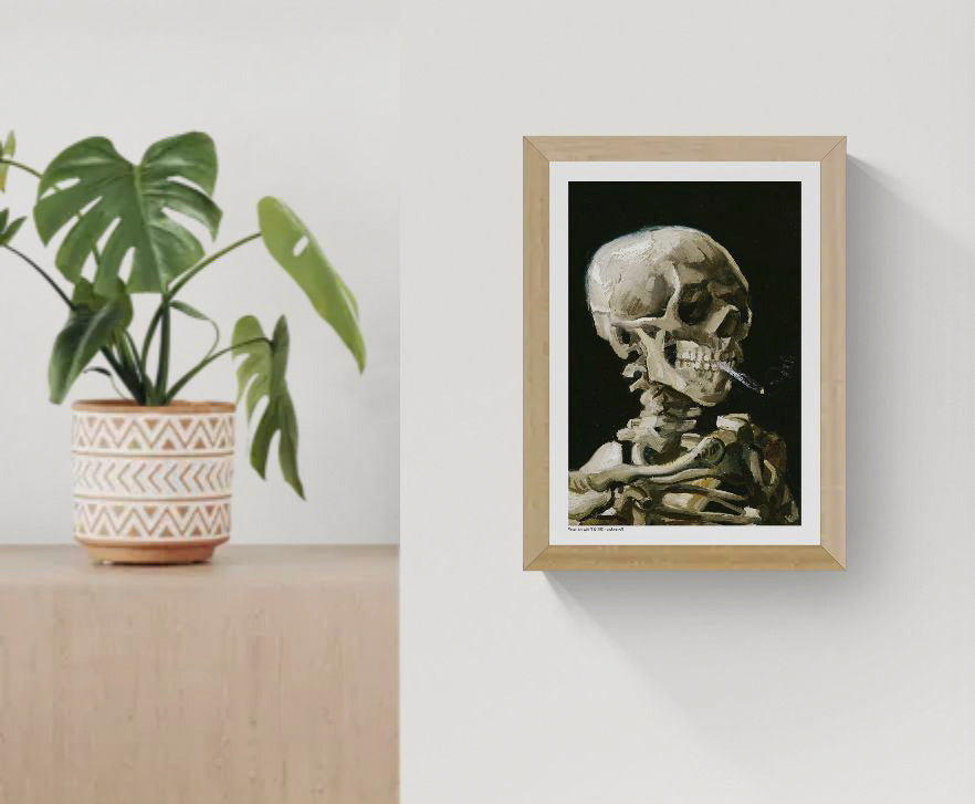 Vertical digital art print of a smoking human skeleton by Vincent van Gogh, painted in expressive beige, brown and olive tones against a deep black background, ideal for bold wall art, offices, studios and eclectic home decor.