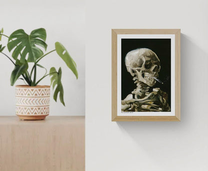 Vertical digital art print of a smoking human skeleton by Vincent van Gogh, painted in expressive beige, brown and olive tones against a deep black background, ideal for bold wall art, offices, studios and eclectic home decor.