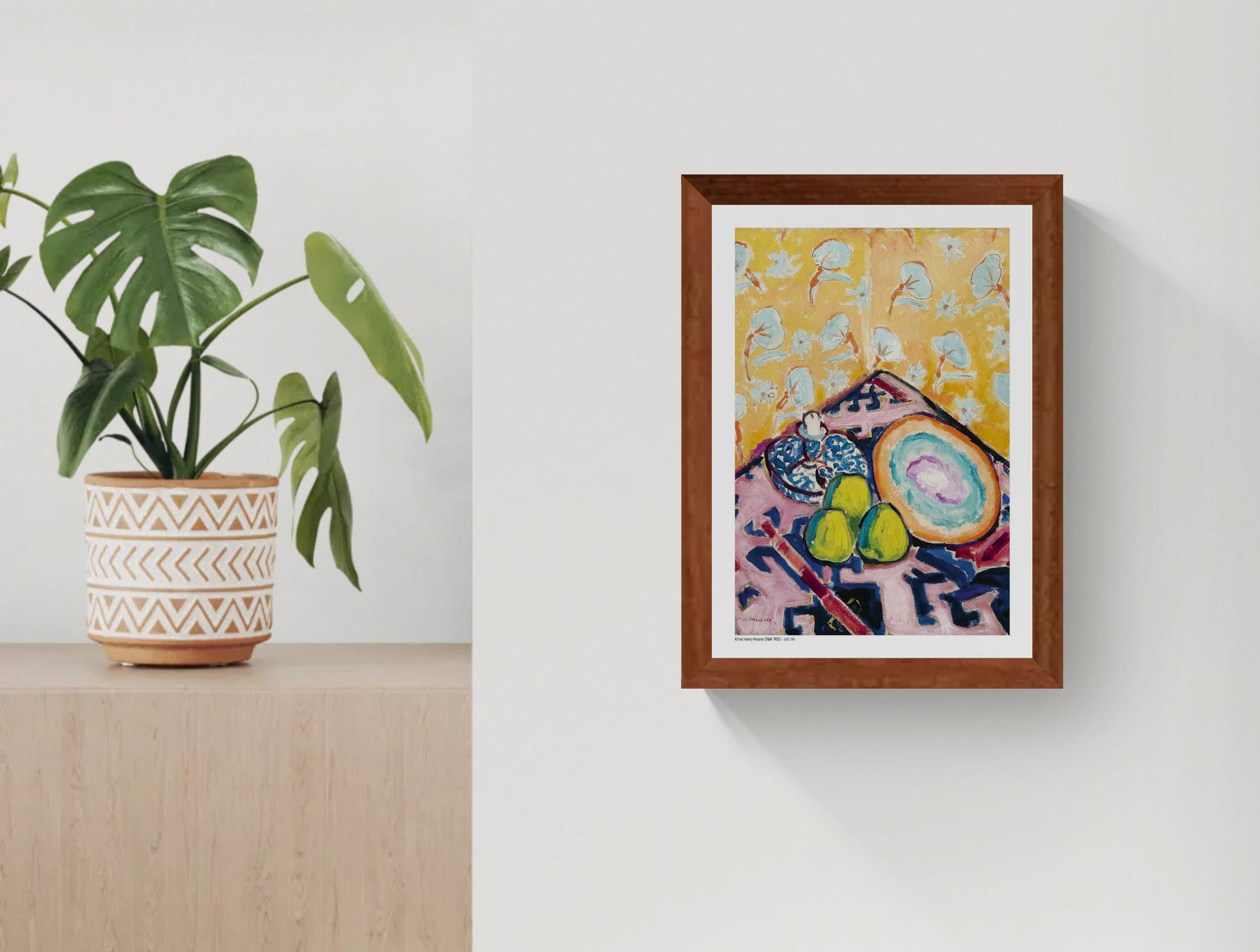 Portrait A4 art print of a colourful still life by Alfred Henry Maurer, featuring green fruit, a large circular plate and floral patterns in orange, turquoise, pink and blue, ideal for kitchen, dining room or eclectic wall decor.